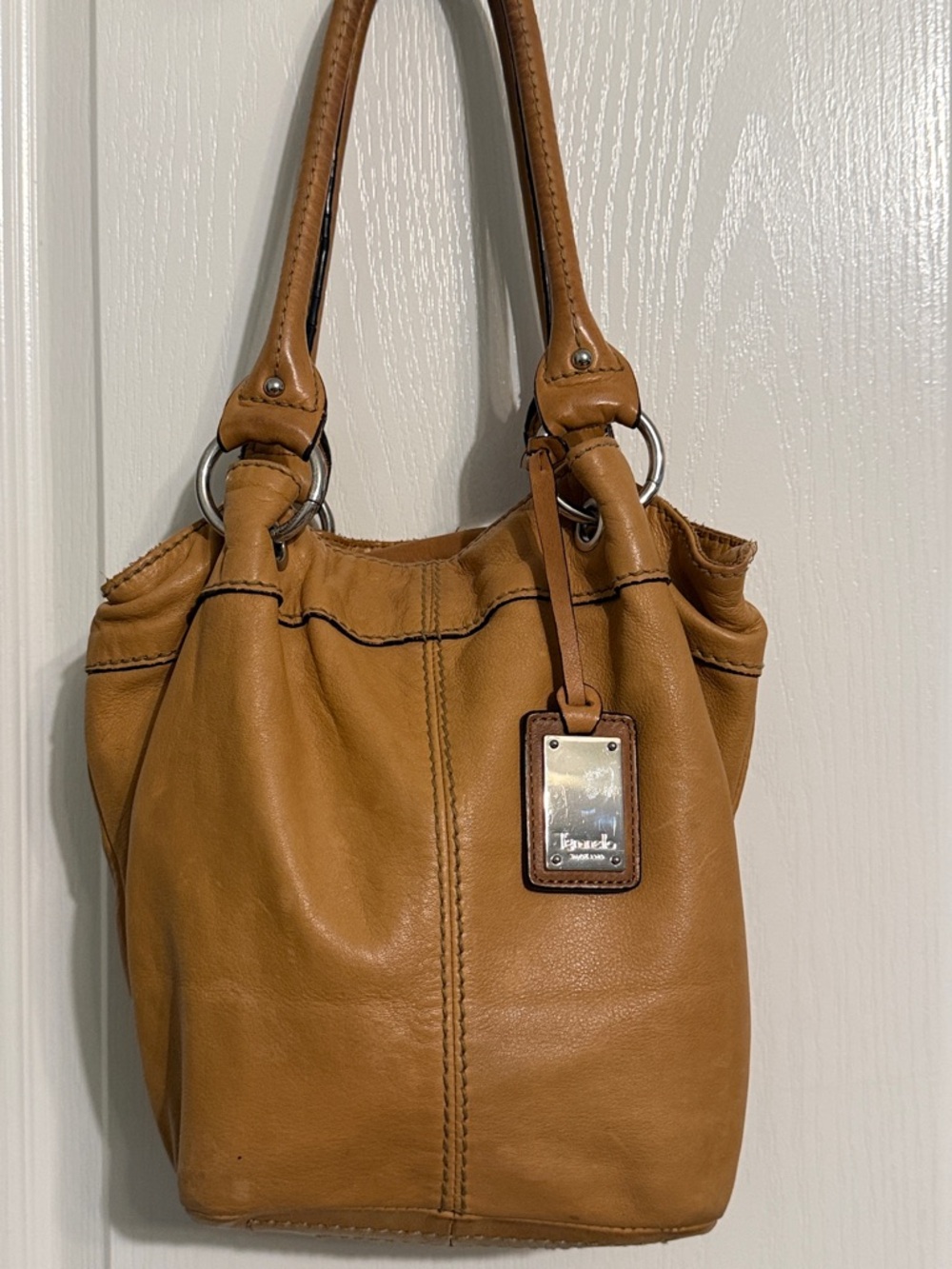 Tignanello Cognac Brown Leather Hobo Shoulder Bag Silver Hardware